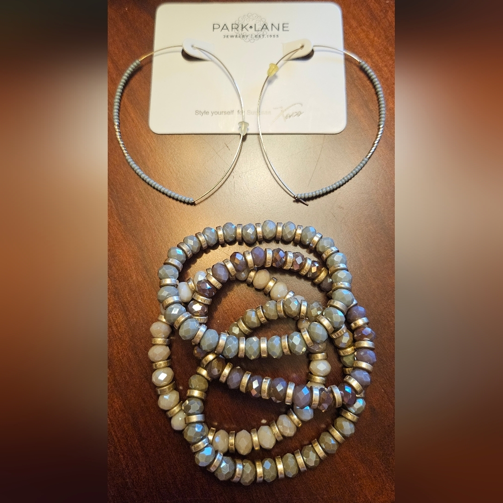 Fresh Gray/golden Beaded Bracelet Set & Collins Earrings